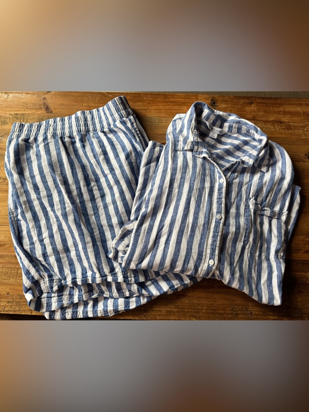 Old Navy Blue and White Striped Boyfriend Shirt and Matching Shorts